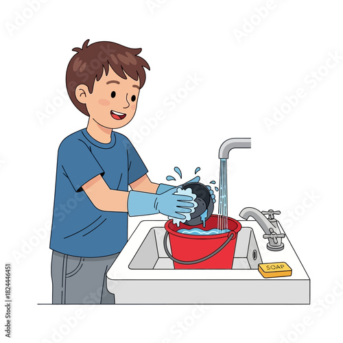 Boy washes dishes in a bright kitchen to maintain cleanliness at home and learn independence