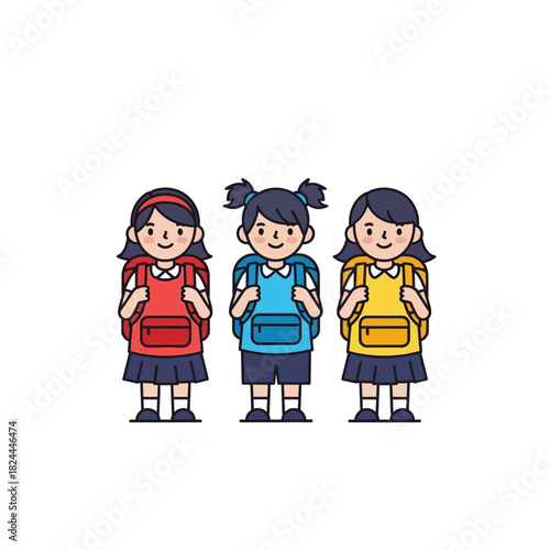 Charming depiction of elementary school students, vibrant colors and simple style create a