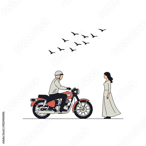 Motorcycle rendezvous under a flock of birds, a minimalistic artistic design featuring freedom and
