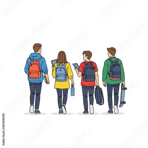 Diverse group of students walking together, showcasing modern education and youth lifestyle