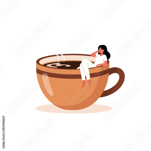 Woman relaxing in an oversized coffee cup illustrating a dreamlike state of relaxation