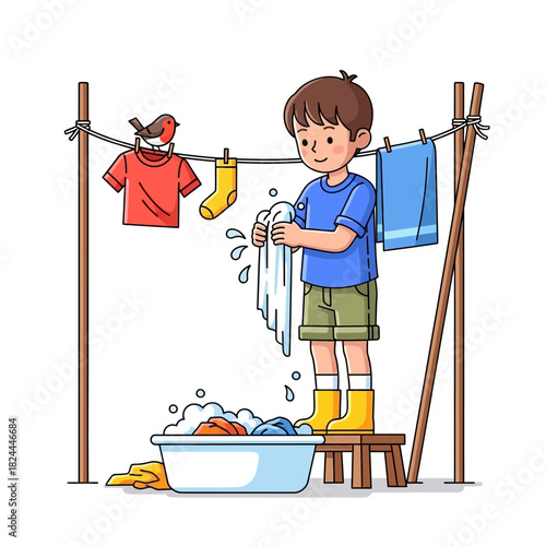 Childhood Choreography: A Young Boy Engaged in Laundry Duties with Avian Observer washing day
