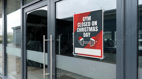 Gym closed on Christmas Day sign on glass door gym closed sign, gym closed sign, christmas day, holiday closure, fitness center, gym door, glass door, red and black sign, dumbbell icon, santa hat, ann