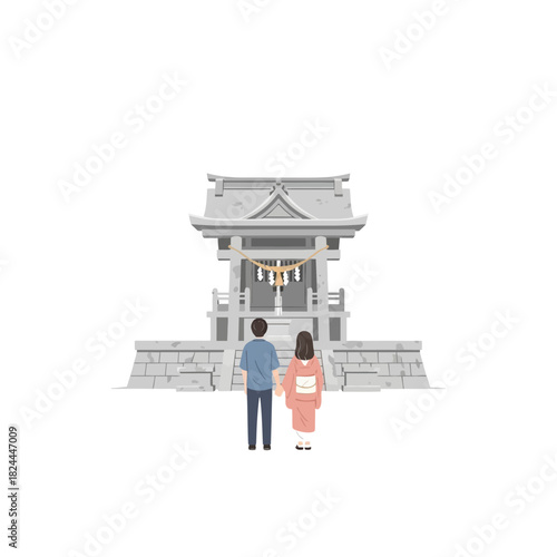 Serene pilgrimage: A couple seeks blessings at the traditional Japanese shrine of peace
