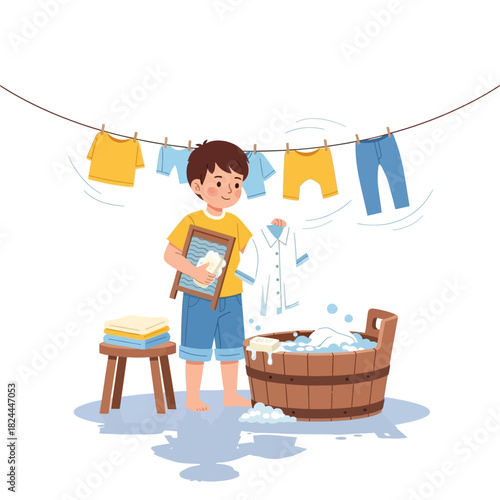 Childhood chores, a young boy engaging in laundry activities at outdoor setting sunny day