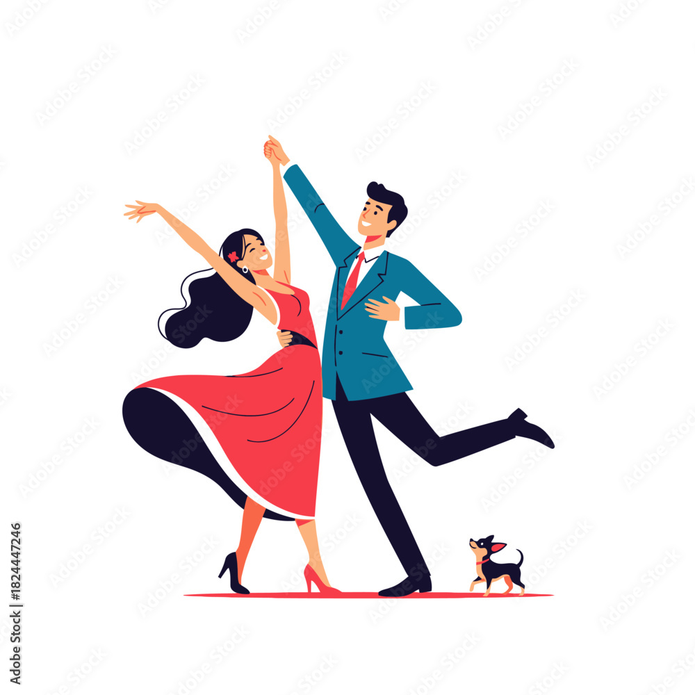 Obraz premium Joyful dance scene showcasing a couple and small dog in harmonious movement and celebration of life