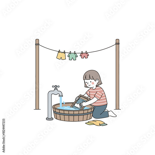 Illustration of a girl handwashing clothes in a tub, embracing traditional household chores