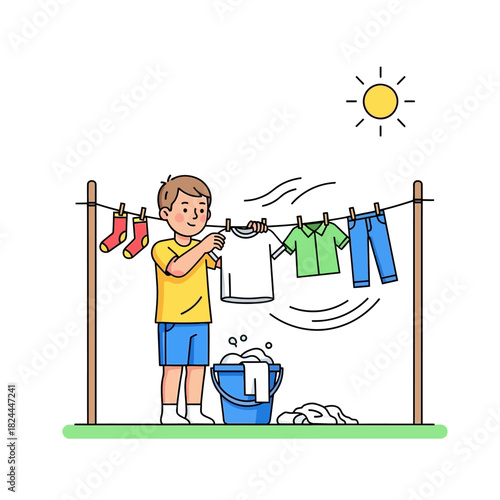 A young boy cheerfully helps with laundry on a sunny day chores and responsibility