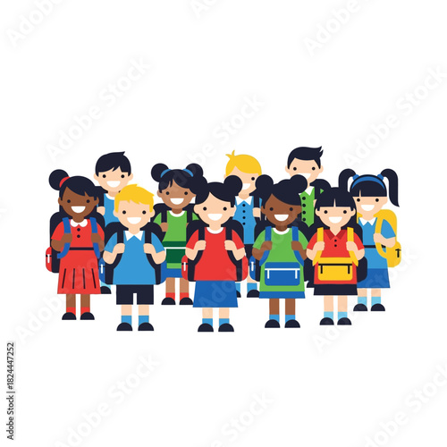 Diverse group of children ready for school demonstrating unity and togetherness education