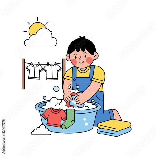 Illustrative depiction of a child's domestic chore engaging in laundry activity with bright