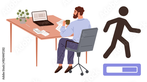 Man at desk with laptop and documents, holding coffee, progress indicator with walking figure. Ideal for multitasking, productivity, goal setting, time management, workflow, efficiency simple flat