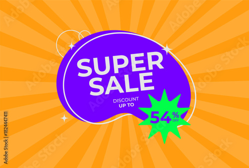 Discount up to 54% off Super sale. Fifty four percent off promotion. Super sale business banner on rays orange background. Vector illustration.