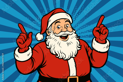 Cheerful Comic Santa. Santa Claus is depicted in a classic comic style, with a joyful expression, pointing upwards with both hands. He wears his signature red suit and hat,