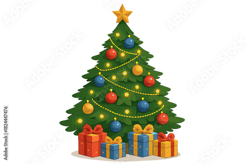 Festive Christmas Tree. Beautifully decorated Christmas tree adorned with colorful ornaments and twinkling lights. Baubles in red, gold, and blue hang from lush green branches,