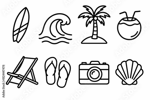 Tropical Surf Icons. Tropical surf vibes concept linear icon set: surfboard, sea wave, palm tree, coconut, beach chair, flip flops, camera, shell
