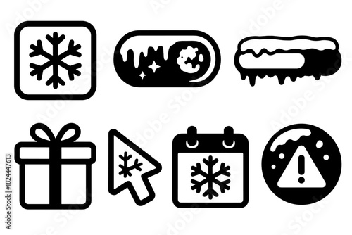 Winter UI Icons. Seasonal UI Components silhouette icon set: snowflake button, frosty toggle switch, holiday slider, snowy progress bar, gift icon, ice crystal cursor, winter