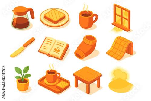 Breakfast Essentials Icons. Morning Warmth flat icon set: coffee pot, toast on plate, steaming cup, sunlight through window, butter knife, open recipe book, cozy sweater sleeve