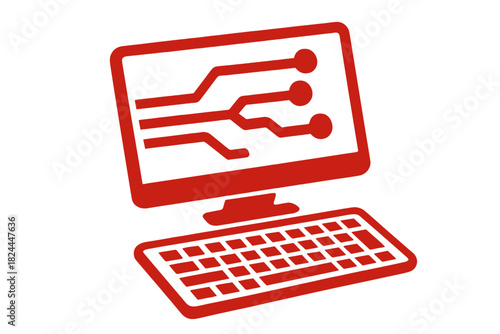 Sleek Tech Icons. Computer monitor and keyboard icon, embodying technology and digital innovation. The monitor is angled slightly, with a visible screen and detailed keyboard