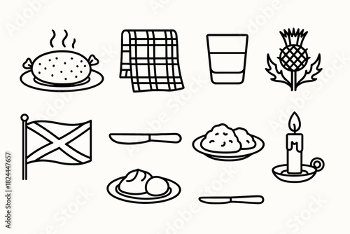Burns Night Icons. Burns Night Traditional Haggis linear icon set: haggis dish, tartan cloth, whisky glass, thistle flower, Scottish flag, dinner knife, plate of neeps and tatties