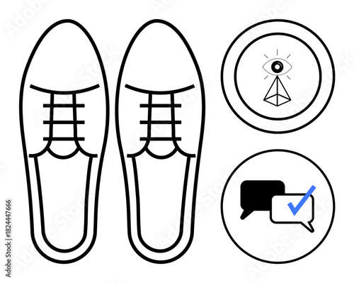 Pair of derby shoes with laces, chat bubbles with a check mark, and an eye inside a geometric design. Ideal for fashion, communication, branding, teamwork, abstract concepts, modernity simple flat