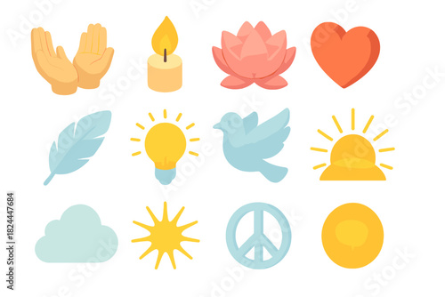Isometric Devotion Icons. United Devotion flat icon set : open hands, candle flame, lotus flower, heart, feather, glowing light, dove, sunrise beam, soft cloud, radiant aura, peace