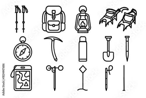 Winter Trekking Gear Icons. Winter Exploration Tools Set linear icon set: snow trek poles, insulated backpack, frost lantern, crampons, navigation compass, ice axe, thermal flask