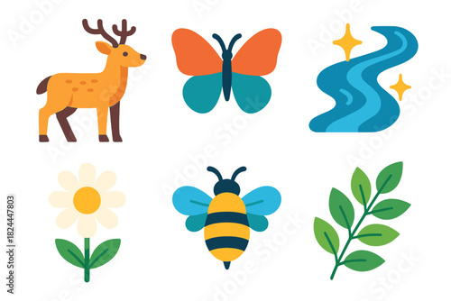 Nature Icons Collection. Lively Outdoors flat icon set : deer, butterfly pair, sparkling river, daisy flower, bumblebee, leafy sprig