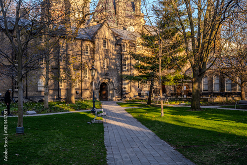 Historic campus building in warm evening light