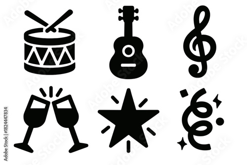 Celebration Icons Set. Celebration Beats silhouette icon set : drum, guitar, treble clef, clinking glasses, shining star, confetti swirl