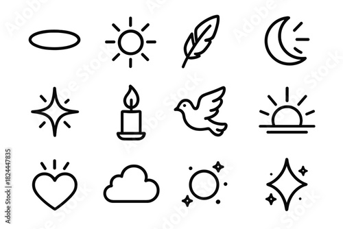 Celestial Symbol Set. Divine Marvel linear icon set : halo ring, radiant orb, feather, moon beam, starburst, candle flame, dove, sunrise, glowing heart, soft cloud, gentle glow
