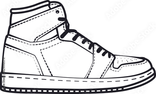 High-top sneaker line art, detailed stitching, clean outline vector, modern streetwear footwear drawing.