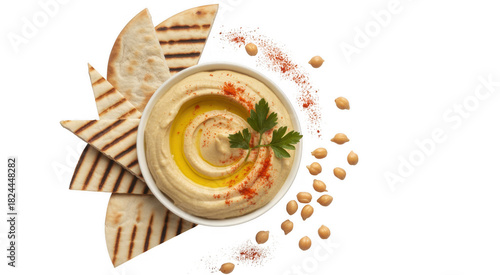 Bowl of hummus with olive oil paprika and parsley served with grilled pita bread isolated on a transparent background