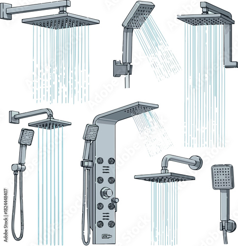 Create Shower head vector illustration set bathroom fixture plumbing design modern showerhead water saving