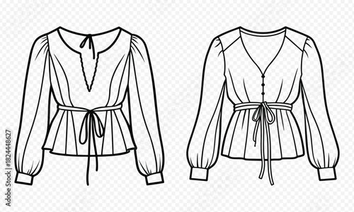 Fashion sketch of a long sleeved blouse with a tie waist detail