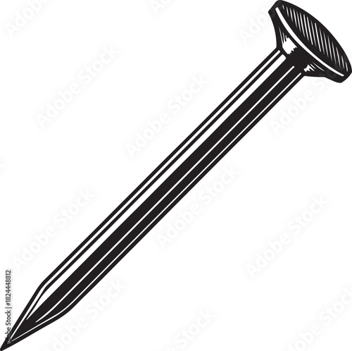 Black and White Illustration of a Metal Nail with a Wide Head Keywords: nail, metal, hardware, fastener