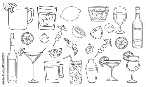 Hand drawn cocktail and citrus set. Elegant black and white doodle line illustration of drink glasses, lemons, ice cubes and bar elements for menu, packaging, pattern or invitation design.