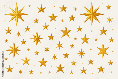 Golden Starry Wonderland. Collection of golden stars of varying sizes scattered across a snowy backdrop, establishing a whimsical and festive mood. The stars are elegantly arranged
