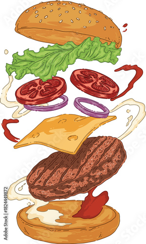 Exploded View Flying Cheeseburger Illustration. Dynamic Hamburger Ingredients with Sauce Splash and Patty.eps