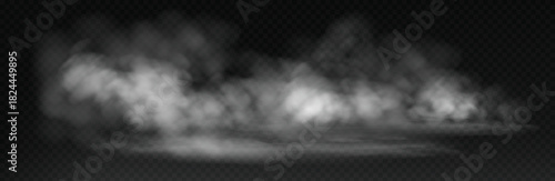 Atmospheric white mist and haze with realistic floor fog texture and dramatic light effect on dark background.