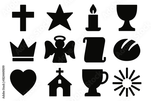 Christian Icon Set. Christian Celebration Icons silhouette icon set: cross, star, candle, chalice, crown, angel, scroll, bread, heart, church, cup, rays of light