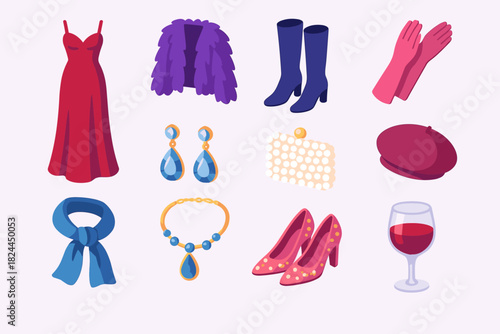 Winter Fashion Icons. Winter Elegance Party flat icon set: velvet dress, faux fur jacket, tall boots, satin gloves, diamond earrings, statement necklace, pearl clutch, beret cap