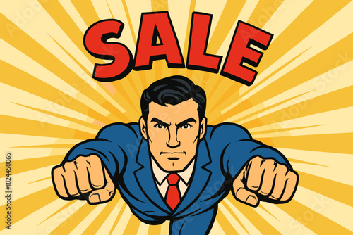 Superhero Sale Power. Superhero in a blue suit and red tie flies forward with determination, his fists leading the way. The word 'SALE' in bold red letters arches above him,