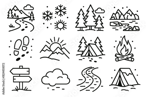 Winter Wilderness Icons. Snow Trail Adventure linear icon set: mountain path, snowflakes, forest pine trees, frozen lake, icy rocks, footprints in snow, sunrise over peaks, tent in