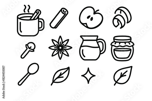 Autumn Drink Icons. Seasonal Drink linear icon set: mug of cider, cinnamon stick, apple slice, orange peel, clove, star anise, steam swirl, glass pitcher, honey jar, wooden spoon
