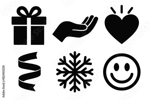 Bold Icon Gift Set. Heartfelt Gift silhouette icon set : present box, open hand, heart glow, ribbon curl, snowflake, smiley face