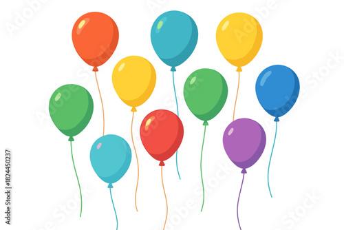Floating Joyful Balloons. Brightly colored balloons float upwards, tethered by thin strings. Set against a clear sky with subtle cloud patterns, the composition conveys lightness