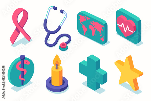Isometric Medical Icons. Global Medical Care flat icon set: ribbon, stethoscope, world map, heart monitor, doctor symbol, candle flame, cross, star