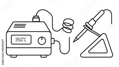 Electronic soldering station with temperature control unit and iron stand, used for precise circuit board assembly and r
