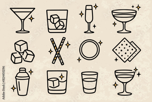 Elegant Party Glassware. Party Glassware linear icon set: martini glass, tumbler, flute, coupe, ice cubes, decorative straws, gold accents, glitter background, festive napkin
