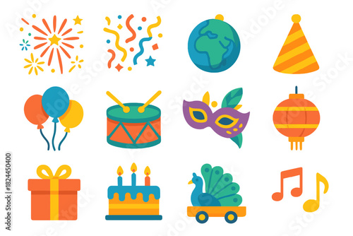 Global Celebration Icons. Global celebrations flat icon set: fireworks, confetti, globe, party hat, balloons, drum, mask, lantern, gift box, cake, parade float, music notes